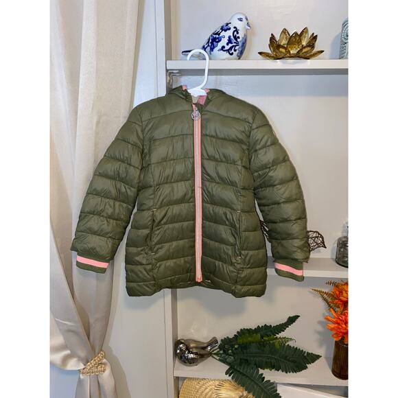 Michael Kors Girls 3T Army Green & Pink Front Zip Jacket with Zipper Hood GUC - Picture 1 of 12